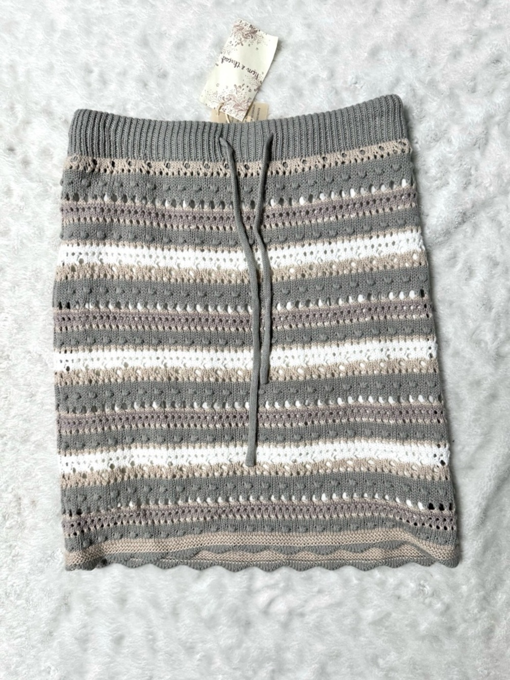 NWT HEM & THREAD Knit Stripe Crochet Pencil Skirt in Gray, White & Tan